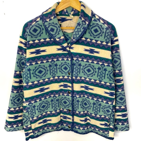 Vintage Woolrich Women’s Aztec Southwestern Shawl Collar Fleece Jacket USA Made